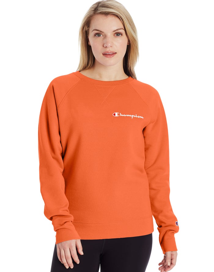 Champion Sweatshirt Dames - Oranje - Powerblend Fleece Classic Crew Script Logo ( 938574-IQF )